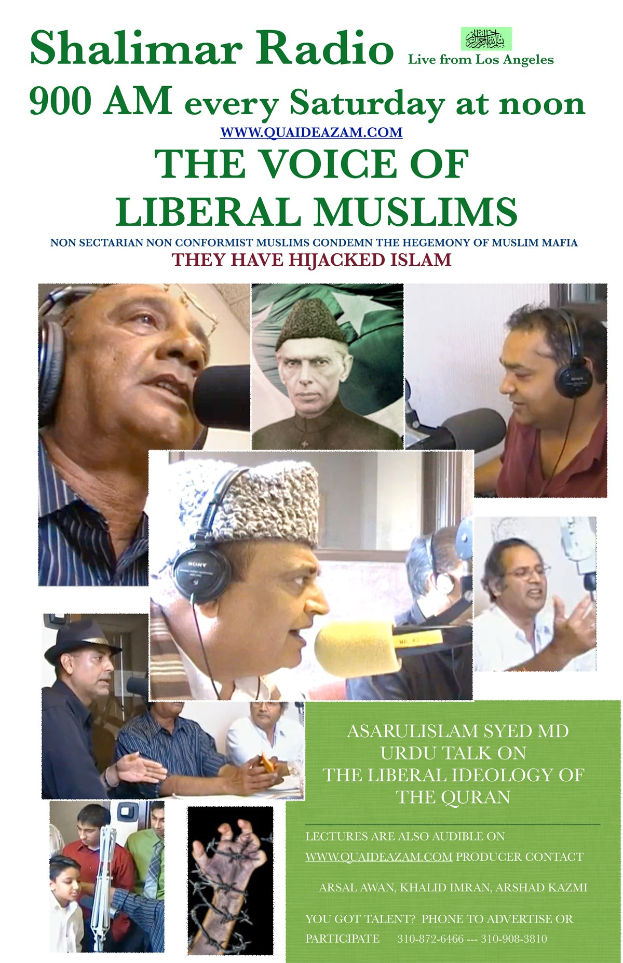 Plakat, das die Radiosendung "Die Stimme der liberalen Muslime" bewirbt, zeigt Bilder von Menschen mit Headsets und Mikrofonen in einem Gespräch.