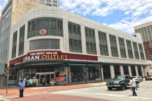 Eine belebte Stadtstraße mit fahrenden Autos und Fußgängern auf dem Gehweg, hohe Glasgebäude im Hintergrund und ein sichtbares "The Best Value Urban Outlet"-Schild unter einem bewölkten Himmel.
