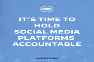 Ein Plakat mit fetter schwarzer Schrift auf weißem Hintergrund, das "Es ist an der Zeit, Social-Media-Plattformen zur Rechenschaft zu ziehen" sagt, eingerahmt von einem dünnen schwarzen Rand.