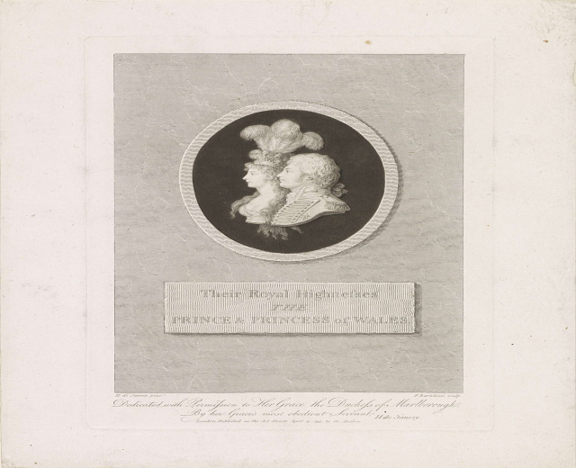 Schwarzes und weißes Papier mit einem Foto des Prinzen und der Prinzessin von Wales und Text.