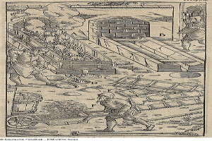 Schwarz-weißes Gravur von einem Mann, der eine Schubkarre mit Kohle in einer Fabrik schiebt, mit Rauch, der aus einem Schornstein aufsteigt und verstreuten Gegenständen im Hintergrund.