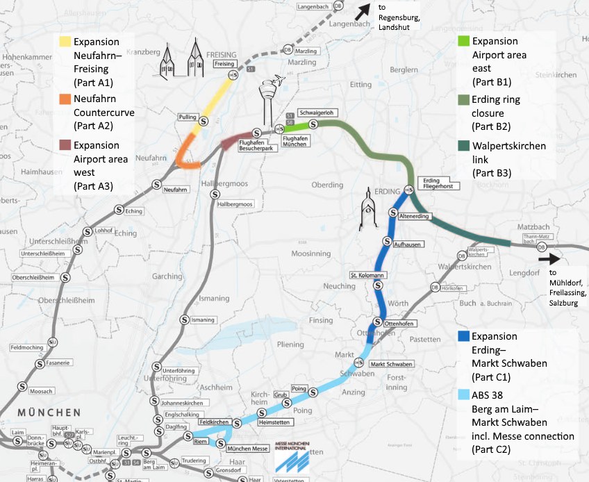 Ein detaillierter Stadtplan mit einer hervorgehobenen Zugroute von München nach Frankfurt, einschließlich Haltestellen und Umgebung, sowie zusätzlicher Zuginformationen.