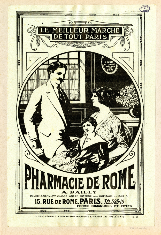 Eine alte Werbung für eine Apotheke in Rom, die einen Mann und eine Frau zeigt, die nebeneinander stehen, und Text, der die Apotheke und ihre Dienstleistungen beschreibt.