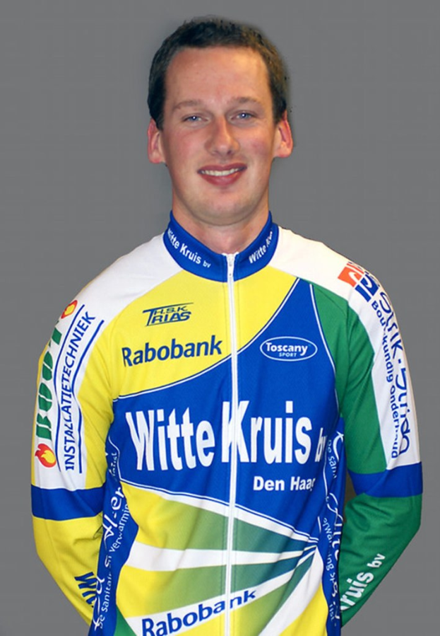 Ein männlicher Athlet, der für ein Foto posiert und ein Hemd mit mehreren Sponsor-Logos trägt.