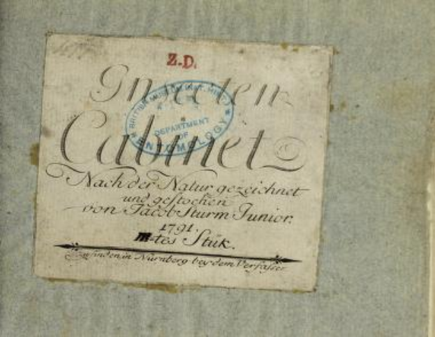 Ein altes Buch mit dem Titel "Z.D. Nürnberg, Deutschland, 1791" mit einem Stempel, der die erste Auflage anzeigt, und handgeschriebenem Text auf den Seiten.