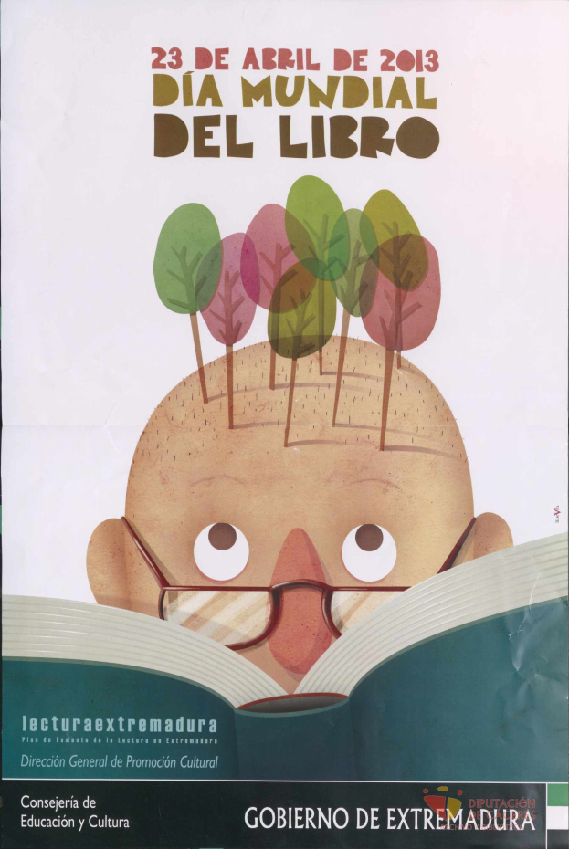 Ein Plakat für den 23. Internationalen Bibliothekstag, das eine Karikatur eines Menschen zeigt, der ein Buch liest, aus dem Bäume wachsen, und Text zum Ereignis.