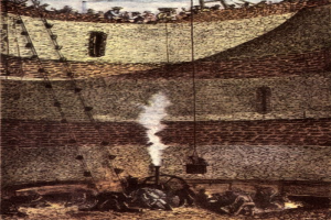 Eine Zeichnung der brennenden Tower of London mit Menschen und Gegenständen drumherum und dem Text "Die Verbrennung der Tower of London" unten.