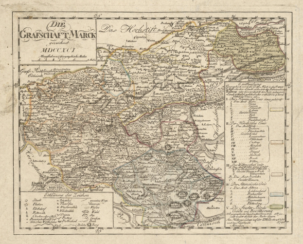 Ein detaillierter alter Stadtplan von München, Deutschland, mit Straßen, Parks und Sehenswürdigkeiten, mit detaillierten Straßen, Flüssen und Bergen, umgeben von einem dekorativen Rand in Blau-, Grün- und Gelbtönen.