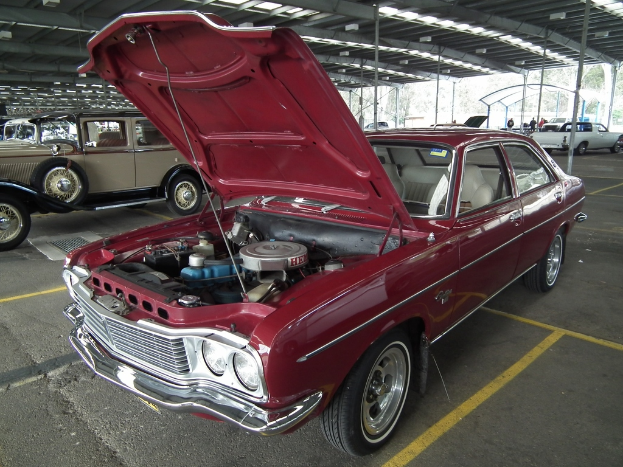 Eine Hütte mit verschiedenen farbigen und modellierten Autos, mit Menschen im Hintergrund zwischen Bäumen und einem roten und cremefarbenen Auto im Vordergrund.