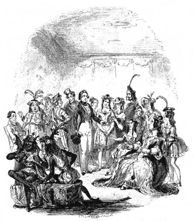 Eine Schwarz-Weiß-Zeichnung einer Gruppe von Menschen in einer Viktorianischen Theater-Szene, einige sitzen und einige stehen, mit dem Text 'Viktorianische Theater-Szene' unten.