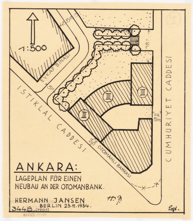 Ein detaillierter Stadtplan von Ankara, Türkei, mit einer Zeichnung eines Gebäudes auf einem Stück Papier, einschließlich Text über die Einwohnerzahl, den Standort und die Geschichte der Stadt.