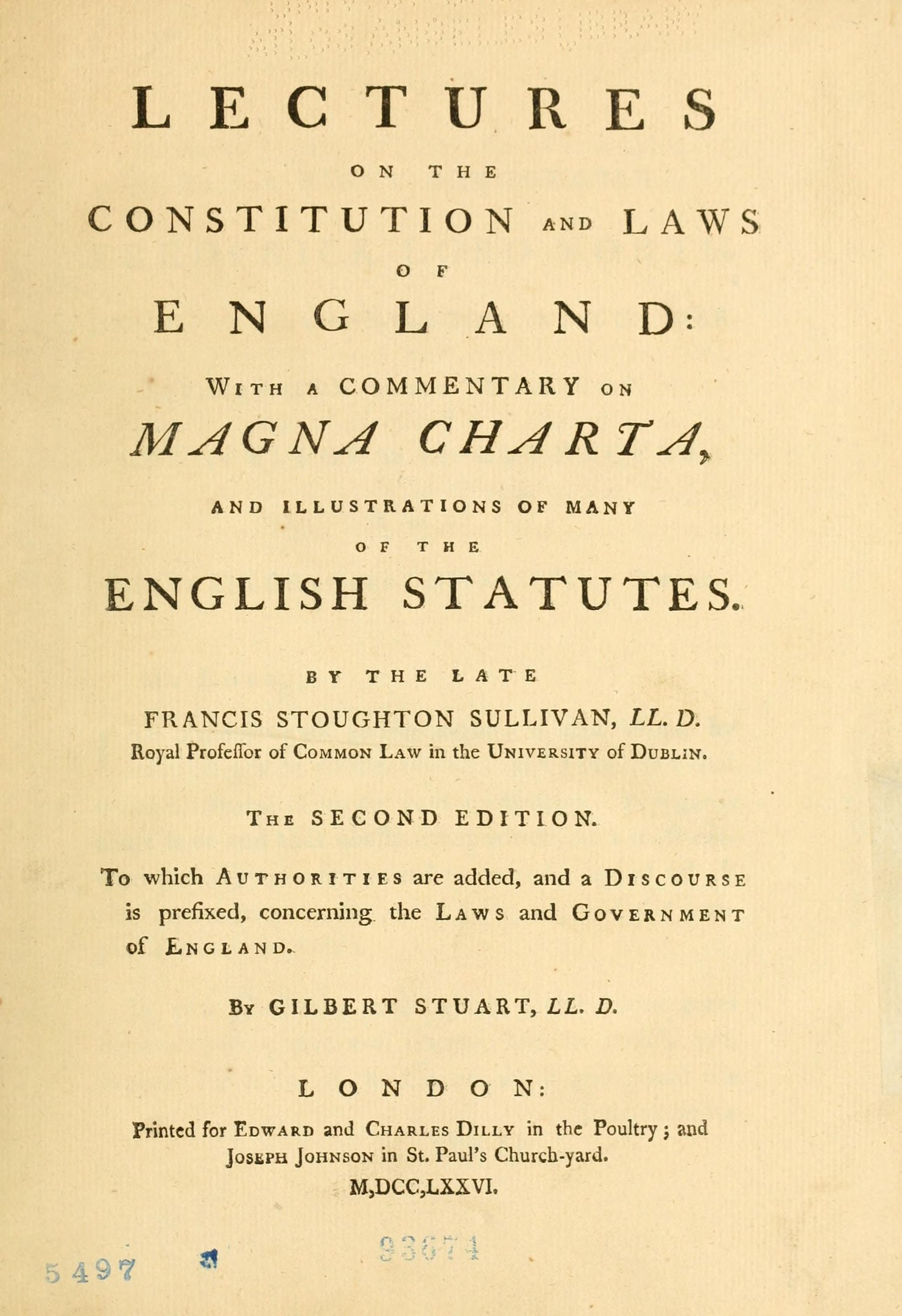 Altes Buch mit dem Titel "Vorträge über die Verfassung und Gesetze Englands mit einem Kommentar zur Magna Charta und Illustrationen vieler englischer Gesetze" aufgeschlagen auf einer Seite mit schwarzer Tinte.