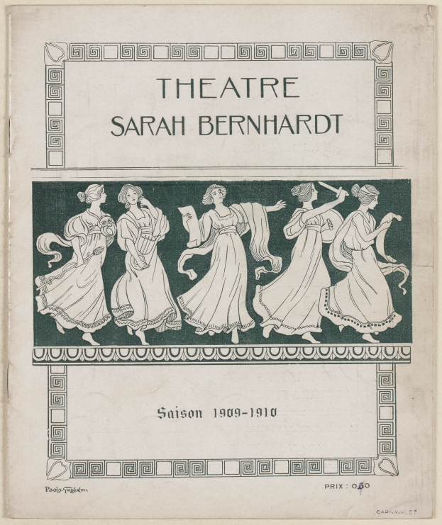 Ein Vintage-Plakat des Theaters Sarah Bernhardt aus dem Jahr 1909-1910, das eine Gruppe von Frauen in der Mitte und Text zeigt, der das Theater und seine Darsteller beschreibt.