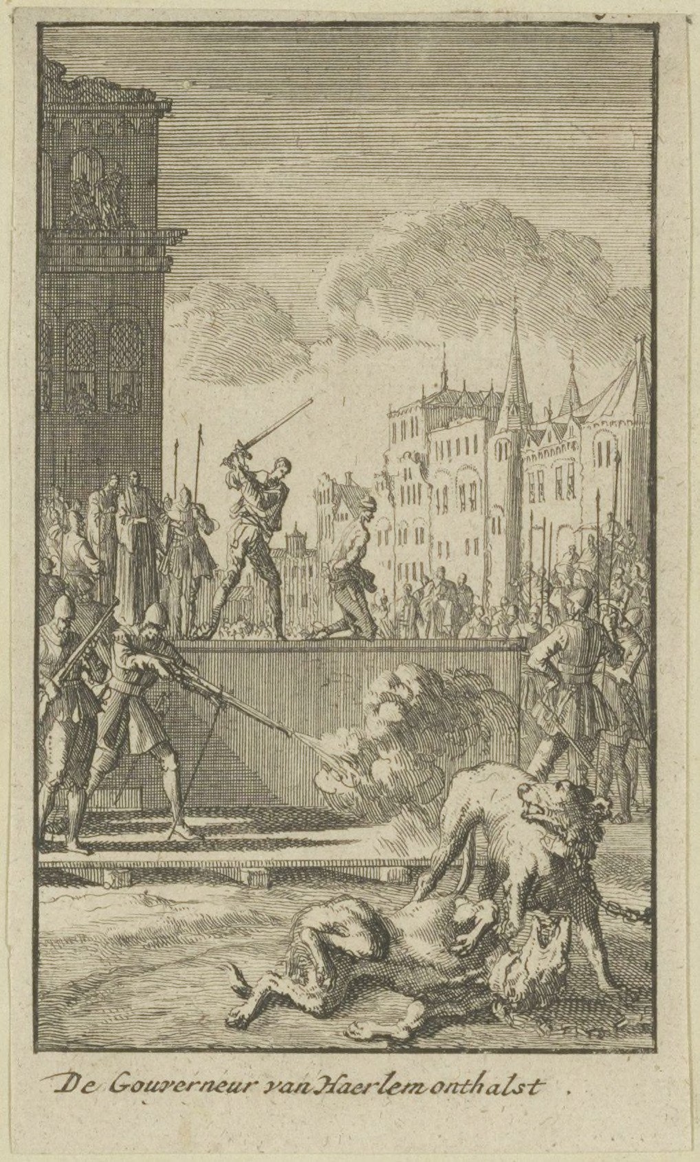 Eine Zeichnung eines Mannes, der von einem Hund angegriffen wird, während eine Menge mit Waffen zusieht, vor Gebäuden unter einem Himmel, mit Text unten.