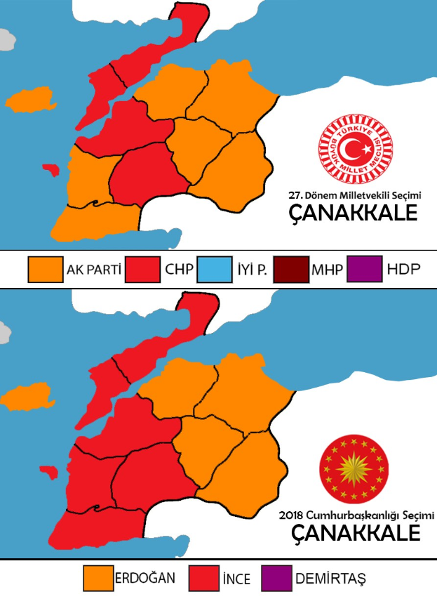 Eine Karte von Türkei, die in verschiedenen Farben dargestellt ist, um den Prozentsatz der Bevölkerung in jedem Gebiet zu zeigen, mit dem Text "Canakkale Wahlresultate 2018".