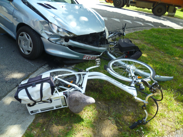 Auto am Straßenrand mit einem auf dem Gras liegenden Fahrrad, Bäume und klarer blauer Himmel im Hintergrund.