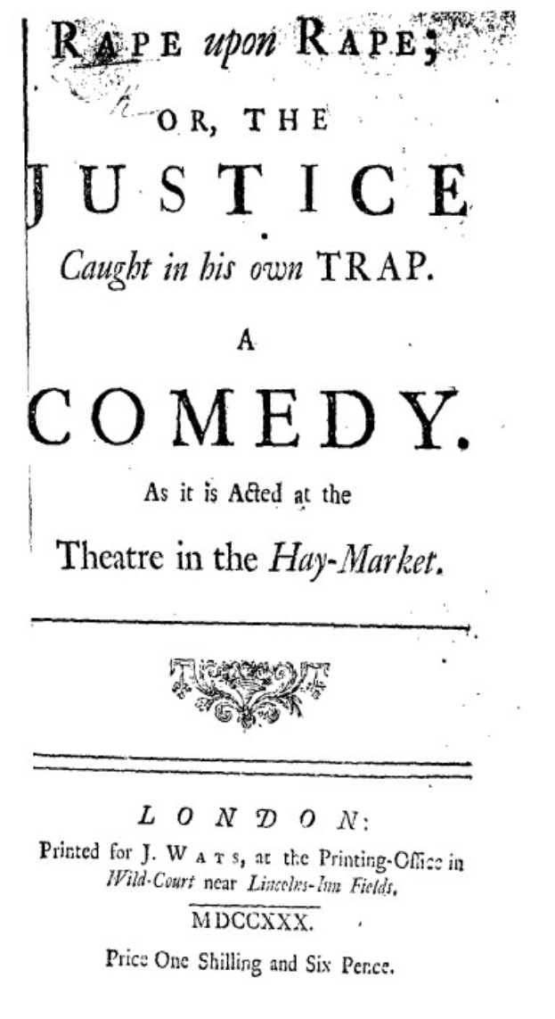 Schwarzer und weißer Plakat mit der Aufschrift "Vergewaltigung auf Vergewaltigung oder die Justiz in ihrer eigenen Falle" in fetter schwarzer Schrift, wahrscheinlich Ankündigung einer Comedy-Show.