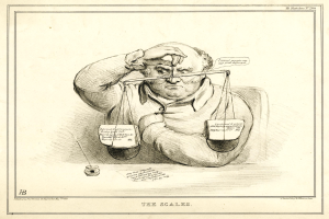 Ein Anwalt sitzt an einem Schreibtisch mit einer Waage, trägt einen Anzug und sieht entschlossen aus, während er Dokumente durchsieht.