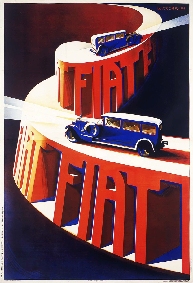 Plakatwerbung für Fiat-Autos, das einen blauen Wagen und einen roten Wagen mit Text zeigt.