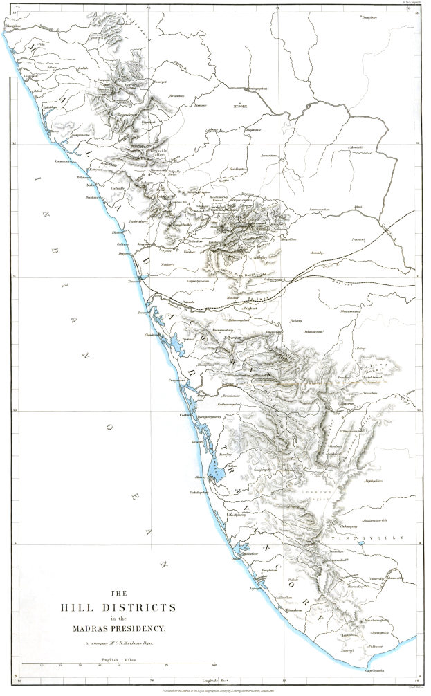 Ein detaillierter Plan der Hügelbezirke in der Madras-Präsidentschaft, der Bezirke, Grenzen, Städte und geografische Merkmale zeigt, mit beschreibendem Text oben und unten.