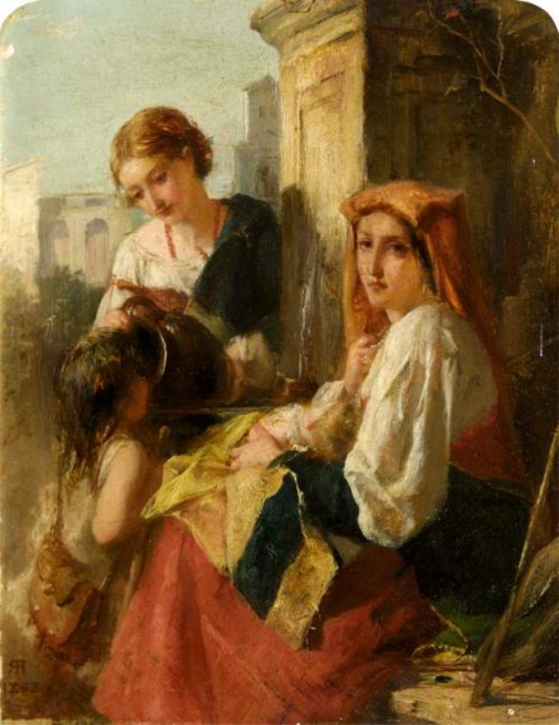 Ein Bild namens 'Mutter und Kind' von Jean-Baptiste-Camille Corot aus dem Jahr 1855, das zwei Frauen und ein Kind in einem Hof zeigt, umgeben von Gebäuden, Bäumen und einem klaren blauen Himmel, wobei die Frauen traditionelle Kleidung tragen und das Kind ein buntes Kleid trägt.