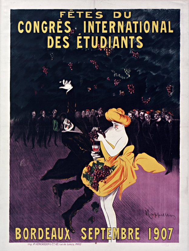 Ein Vintage-Plakat aus dem Jahr 1907, das ein Weinprobevent in Bordeaux, Frankreich, ankündigt, mit einer Frau in einem gelben Kleid, die ein Glas Wein hält, umgeben von einer Gruppe von Menschen, mit beschreibendem Text.