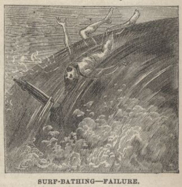 Ein Blatt Papier mit einer Zeichnung von zwei verzweifelt im Wasser schwimmenden Menschen, mit der fett geschriebenen Überschrift "Surf-Badung Misserfolg".