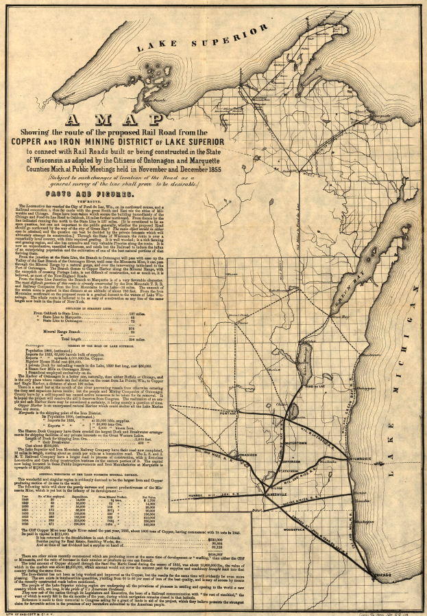 Eine alte Karte der Vereinigten Staaten, die das Kupfer- und Eisenabbaugebiet des Lake Superior hervorhebt, mit detaillierten geografischen Merkmalen, Straßen, Flüssen und beschrifteten Städten, Orten und Gewässern.
