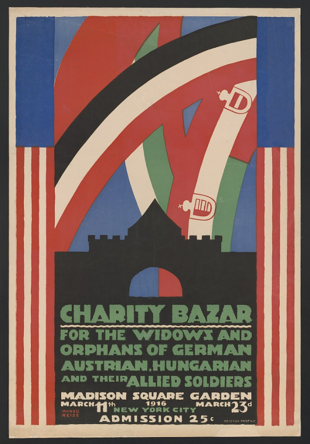 Charity-Bazar-Plakat für Witwen und Waisen deutscher, australischer, ungarischer und alliierter Soldaten mit Veranstaltungseinzelheiten im Text.