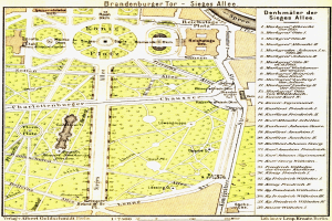 Ein detailliertes historisches Stadtplan von Brandenburg, Deutschland, mit Straßen, Gebäuden, Parks und Sehenswürdigkeiten mit begleitendem Text.
