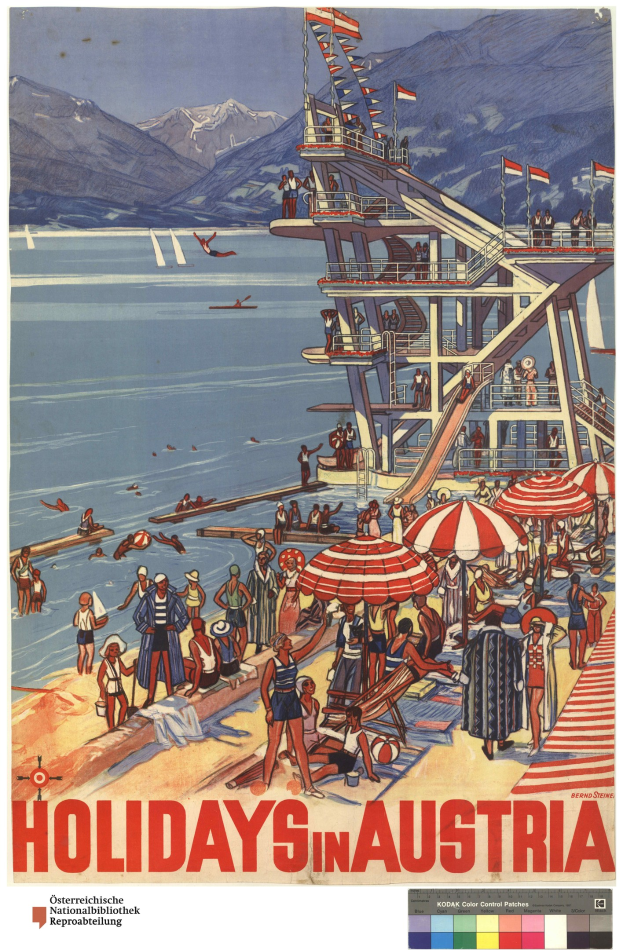 Plakat, das Urlaube in Österreich bewirbt und Menschen am Strand mit Schirmen, ein Schiff im Hintergrund, Fahnen und entfernte Berge zeigt.