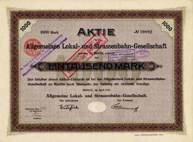 Alter deutscher Regierungsaktienchein mit gedrucktem Text und numerischen Werten.
