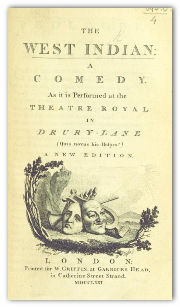 Plakat f├╝r 'The West Indian Comedy' im Theatre Royal in Drury Lane mit einem Schwarz-Wei├č-Bild eines Mannes mit Zylinder und einer Frau in einem langen Kleid, die beide l├Ącheln und in die Kamera schauen, mit dem Titel in fetter, wei├čer Schrift.