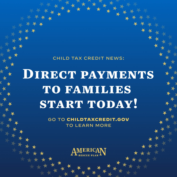 Plakat mit der Aufschrift "Direktzahlungen an Familien beginnen heute" umgeben von Sternen.