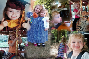 Collage mit lustigen Fahrgeschäften, Kindern, einem Tisch mit Essen, Besteck, verschiedenen Gegenständen, Lichtern, Blättern und einem Seil.