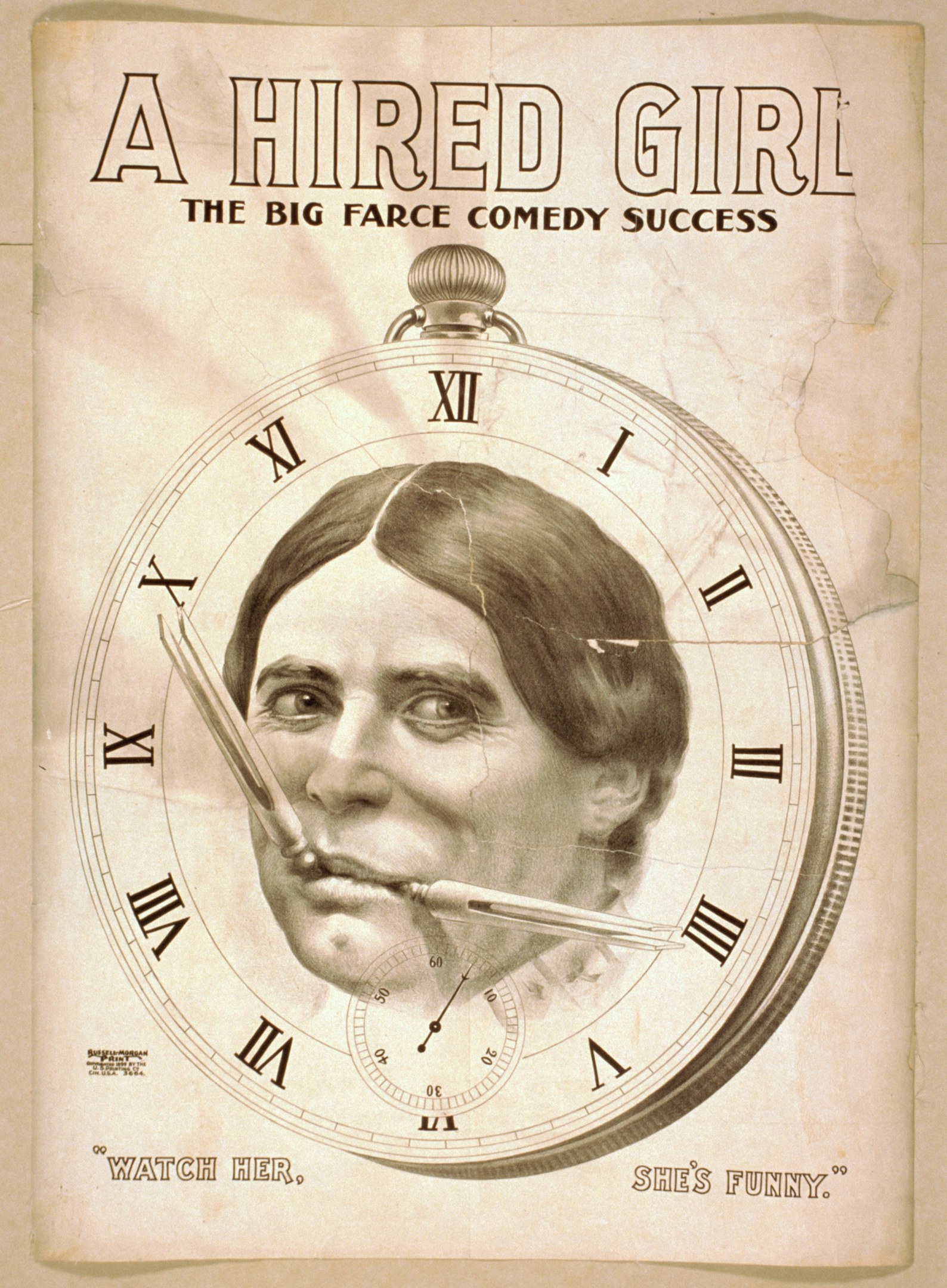 Plakat mit einer Person mit entschlossener Miene, einer Uhr im Hintergrund und der Aufschrift "Eine angestellte Frau: Der große Farce-Comedy-Erfolg" oben drauf.
