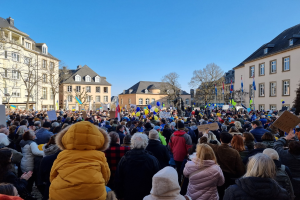 Eine große Menschenmenge protestiert vor einem Gebäude, hält Schilder und Fahnen, mit Bäumen und Fenstern im Hintergrund bei klarem Himmel.