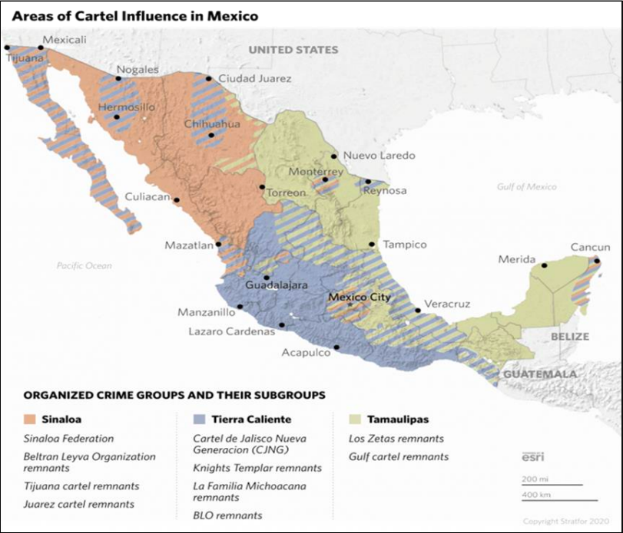 Eine Karte Mexikos mit verschiedenen Farben, die Gebiete der Kartellhoheit anzeigen, begleitet von Text, der weitere Informationen bietet.