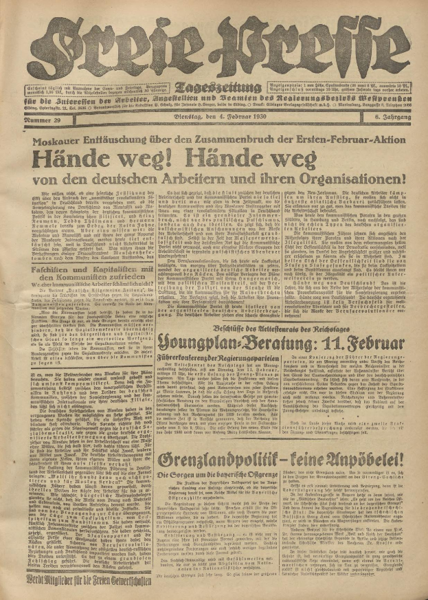 Schwarze und weiße Titelseite einer alten deutschen Zeitung mit einem ernst dreinblickenden Mann, der direkt in die Kamera schaut.