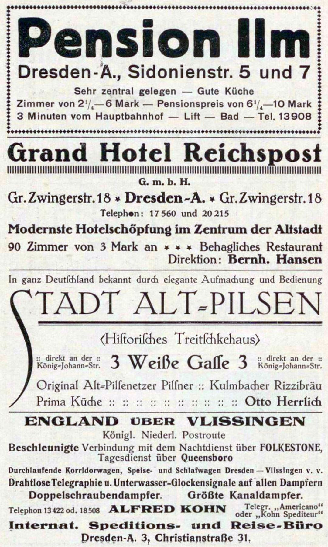 Schwarze und weiße Zeitungsanzeige für eine Pensionspension in Dresden, Deutschland.