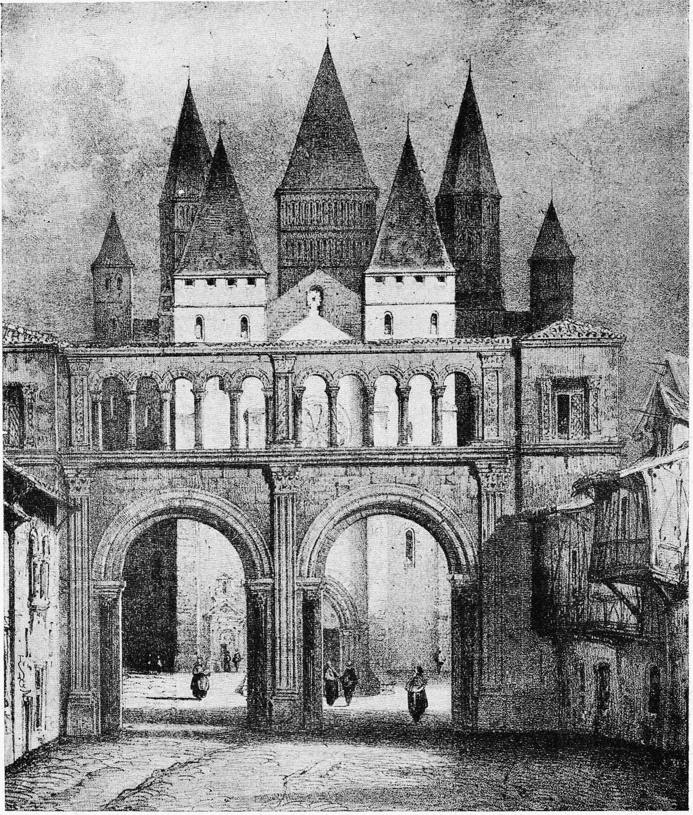 Schwarze und weiße Zeichnung einer Burg mit einem Uhrturm im Hintergrund, umgeben von Menschen, mit dem Text 'Renaissance Bogen' unten.