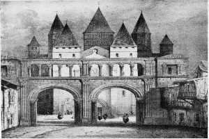 Schwarze und weiße Zeichnung einer Burg mit einem Uhrturm im Hintergrund, umgeben von Menschen, mit dem Text 'Renaissance Bogen' unten.