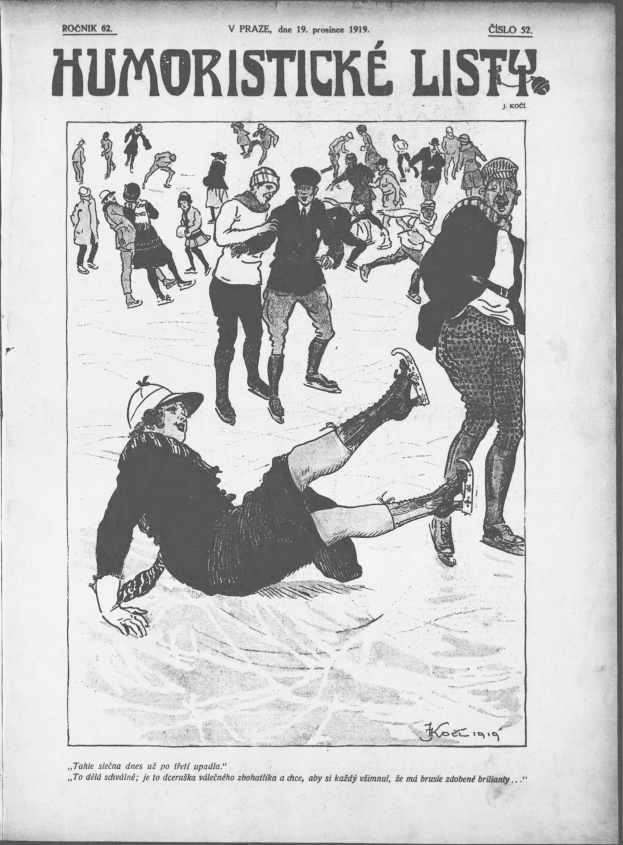 Eine Schwarz-Weiß-Zeichnung einer Gruppe von Menschen, die auf einem Eisstadion Schlittschuh laufen und Spaß haben, mit den Wörtern 'Humoristische Liste' darüber, vor einem hellblauen Himmel mit weißen Wolken und ein paar Bäumen im Hintergrund.