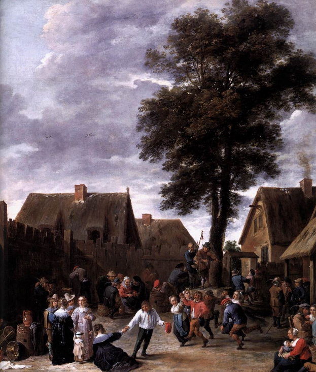Gemälde mit dem Titel "Der Tanz im Dorf" von Jan Brueghel dem Jüngeren, das eine Dorfplatzszene mit tanzenden Menschen, umgeben von Häusern, Bäumen, einem Holzzaun, einer bewölkten Himmel und fliegenden Vögeln zeigt.