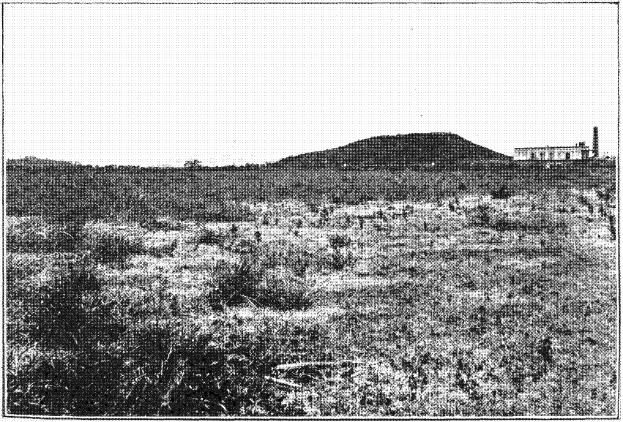 Schwarz-weiß-Foto eines Feldes mit einem Hügel im Hintergrund, einem Geb├Ąude auf der rechten Seite und einem Himmel ├Âberall, mit dem Text 'New York State Penitentiary' unten.