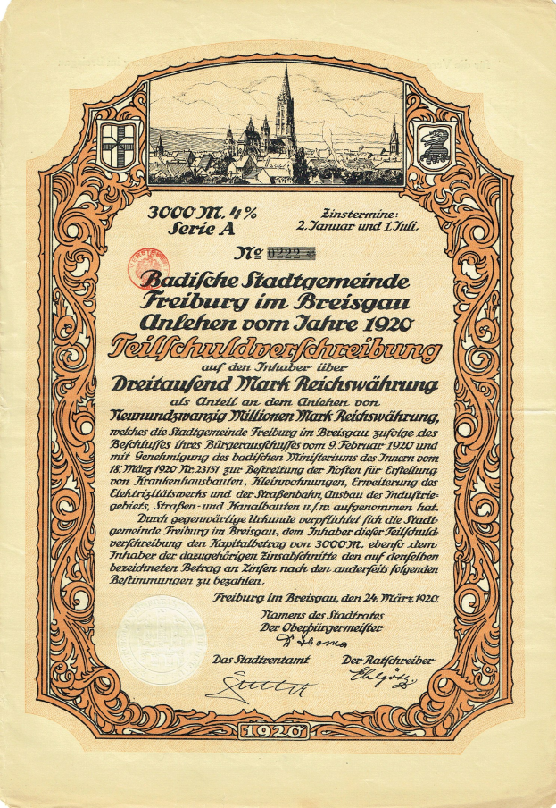 Alter deutscher Aktiencertifikat mit einer Stadtansicht und gedrucktem Text, der die Aktien Details angibt.