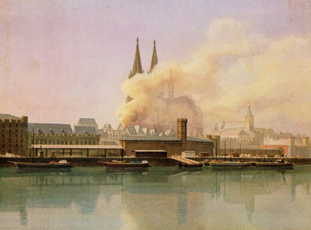 Gemälde einer 19. Jahrhundert-Kölner Stadtansicht mit Booten, Gebäuden, Rauch und Himmel, beschriftet mit "Cologne, Germany in the 19th century" unten.