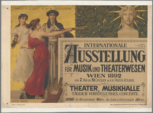 Plakat für die Internationale Ausstellung für Musik und Theaterwesen in Wien, Österreich, das eine Gruppe von Menschen in einem Kreis mit einer Frau, die ein Musikinstrument hält, in der Mitte zeigt, begleitet von Text.