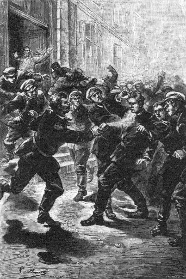 Schwarze und weiße Illustration einer gewalttätigen Straßenschlägerei zwischen Gruppen von Männern im viktorianischen London, mit einem Gebäude im Hintergrund und Text, der unten 'Victorian riots in London, England' lautet.