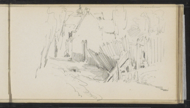 Eine Schwarz-Weiß-Zeichnung von Joseph Mallord William Turner, die eine Stadtstraße mit einem Gebäude im Hintergrund zeigt, Teil der Sammlung der National Portrait Gallery.